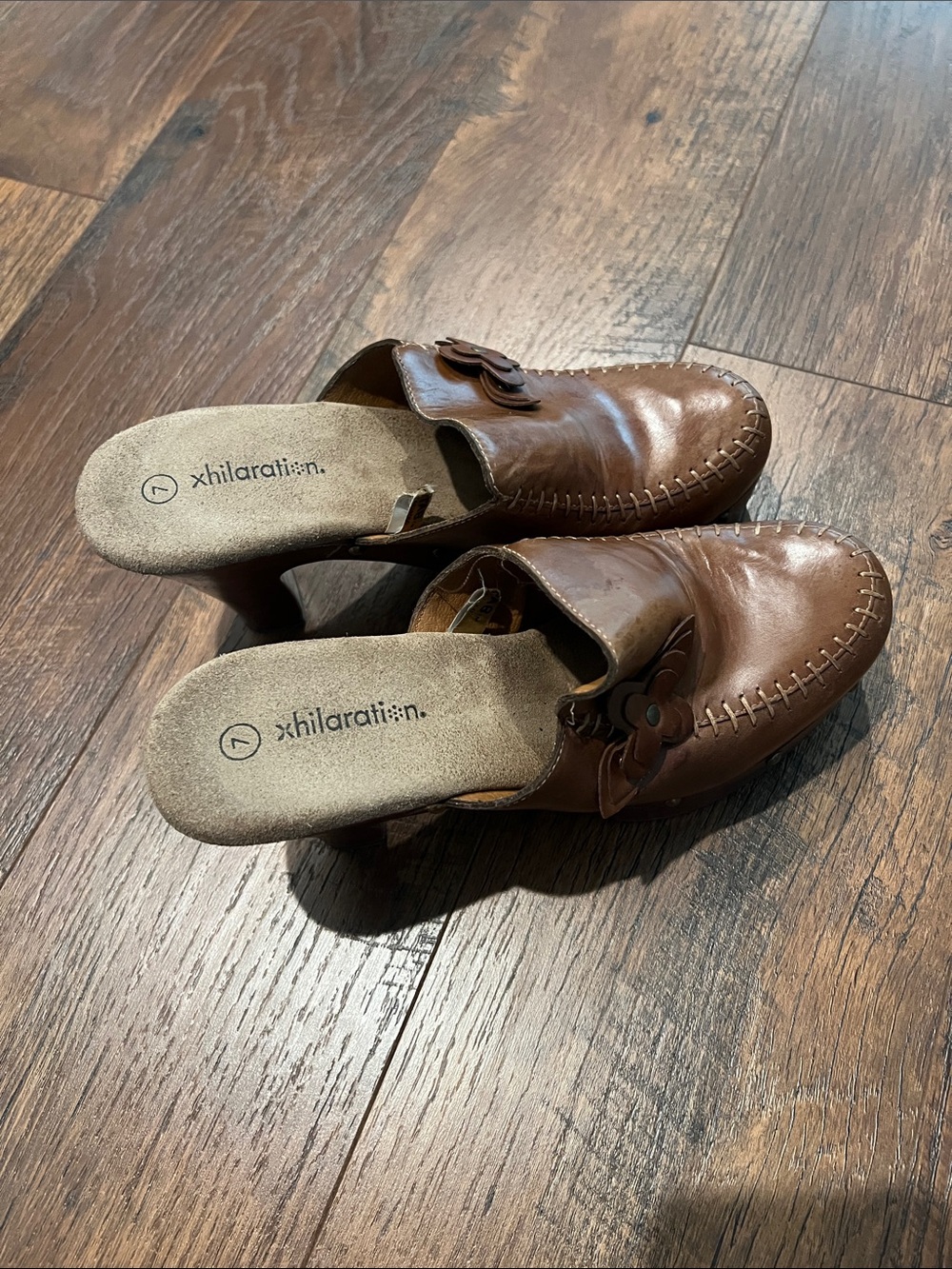 Xhilaration Brown Leather Slip-On Loafers with Floral Accent
